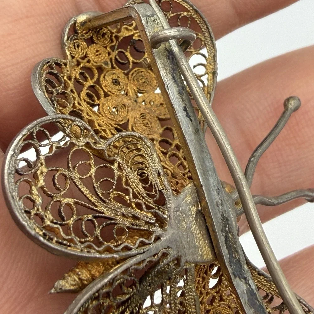Antique Silver Filigree Butterfly Brooch Pin From Estate Read